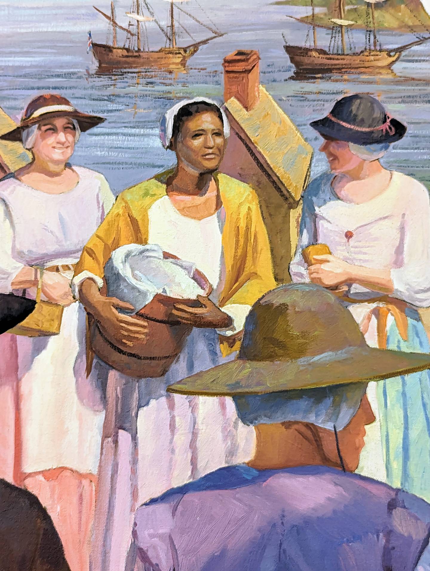 Enslaved people feature in Lee Boyton's 1995 painting of the charter of Annapolis. About one-third- of colonists listed Black people as among their possessions at the time.