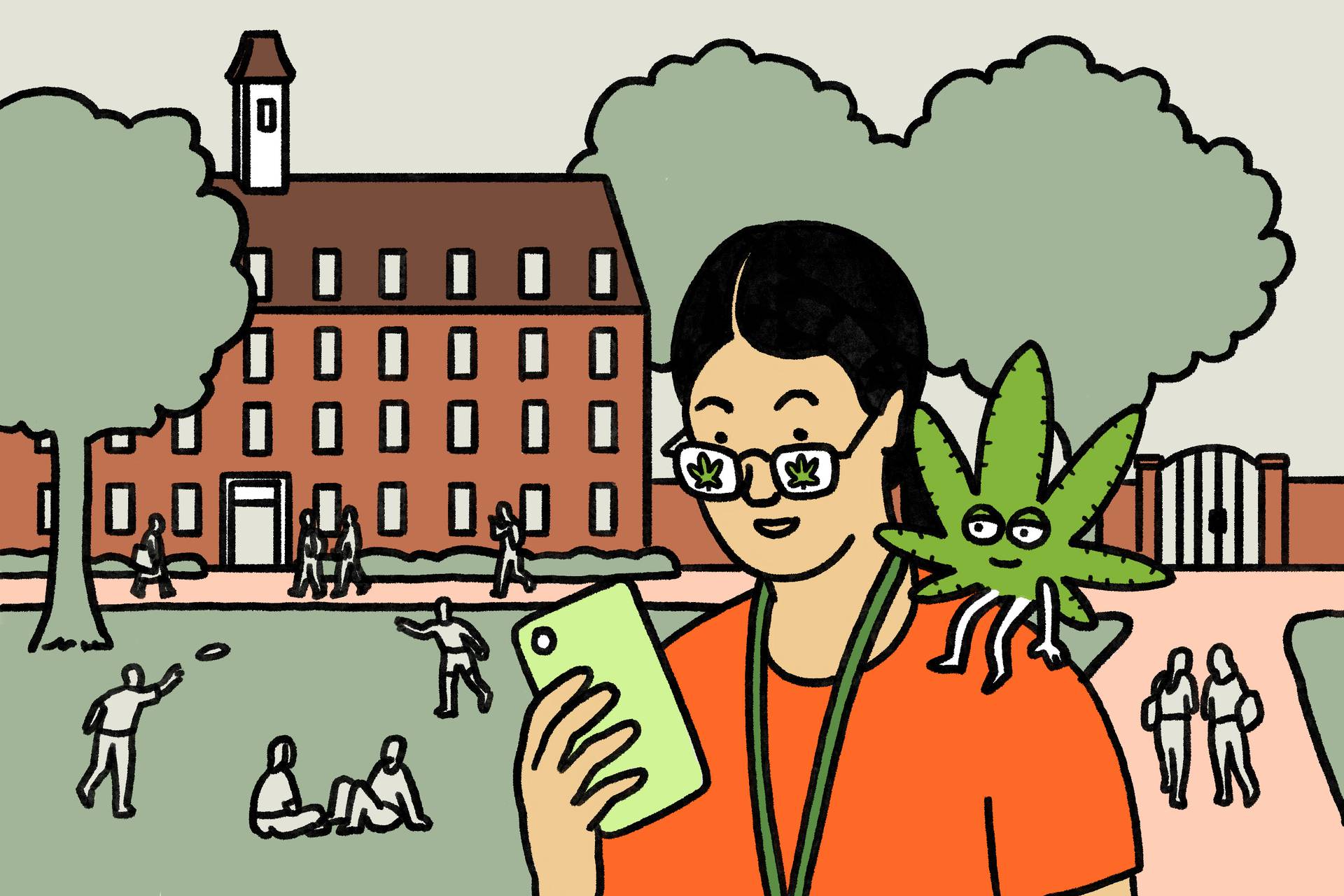 Illustration of female college student with lanyard around neck, looking at phone, with cannabis leaf perched on her shoulder and cannabis leaves reflected in her glasses. In the background is a large brick colonial-style building, a lawn with students walking, playing frisbee, and sitting around.