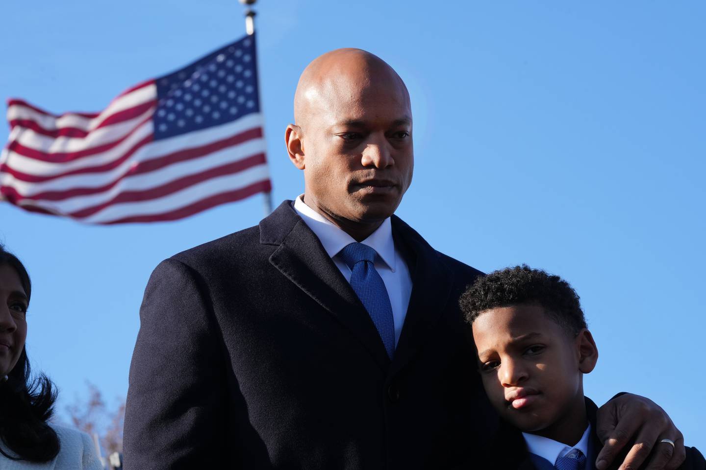 Wes Moore and his son, James Moore, arrive at the Kunta Kinte-Alex Haley Memorial to lay a wreath and say a prayer before the governor-elect is sworn in as the first African American governor of the state of Maryland.