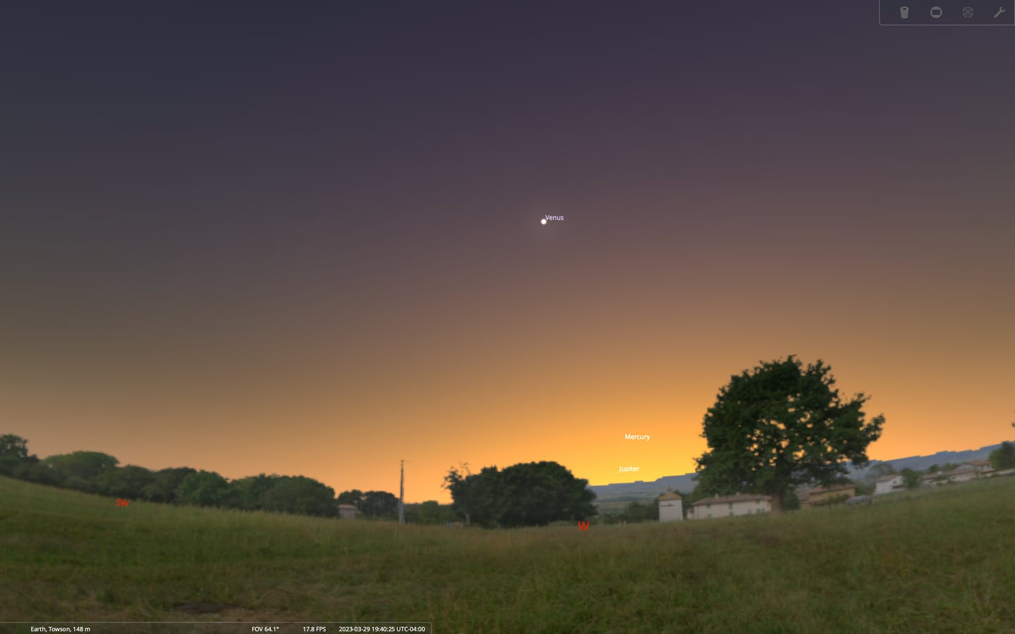 This rendering shows Jupiter and Mercury, which will be low on the western horizon immediately following sunset as seen from Baltimore. Venus, the brightest object is higher above the horizon