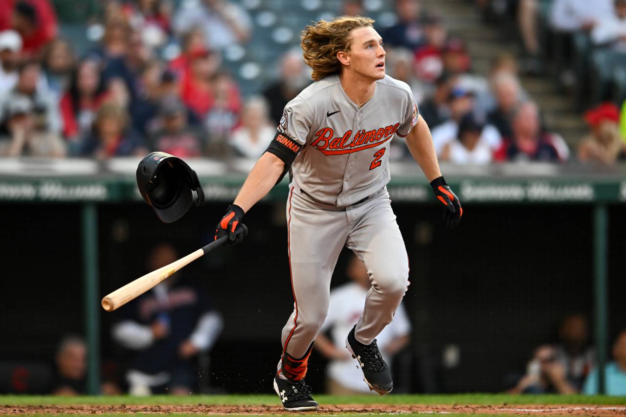 CLEVELAND, OH - AUGUST 31: Gunnar Henderson #2 of the Baltimore Orioles hits a solo home run off Triston McKenzie of the Cleveland Guardians for his first career hit during the fourth inning of his Major League debut at Progressive Field on August 31, 2022 in Cleveland, Ohio.
