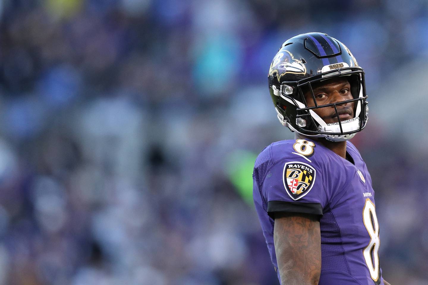BALTIMORE, MARYLAND - JANUARY 06: Quarterback Lamar Jackson #8 of the Baltimore Ravens in action against the Los Angeles Chargers during the AFC Wild Card Playoff game at M&T Bank Stadium on January 06, 2019 in Baltimore, Maryland.