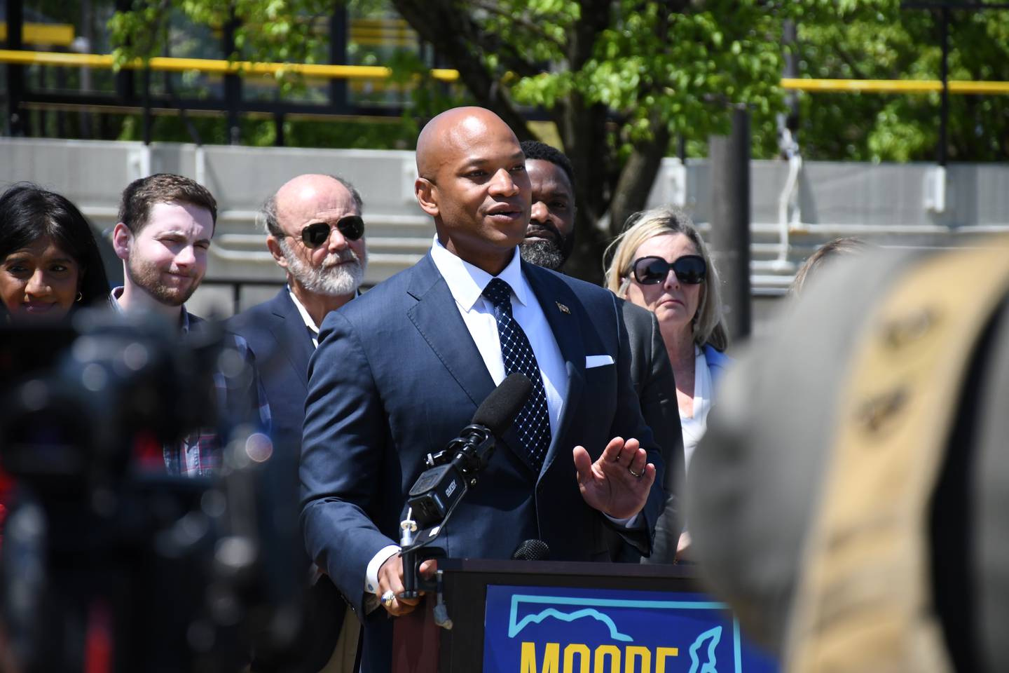 Photo by Pamela Wood/The Baltimore Banner -- Maryland candidate for governor Wes Moore speaks at a campaign event in Bowie on April 29, 2022.