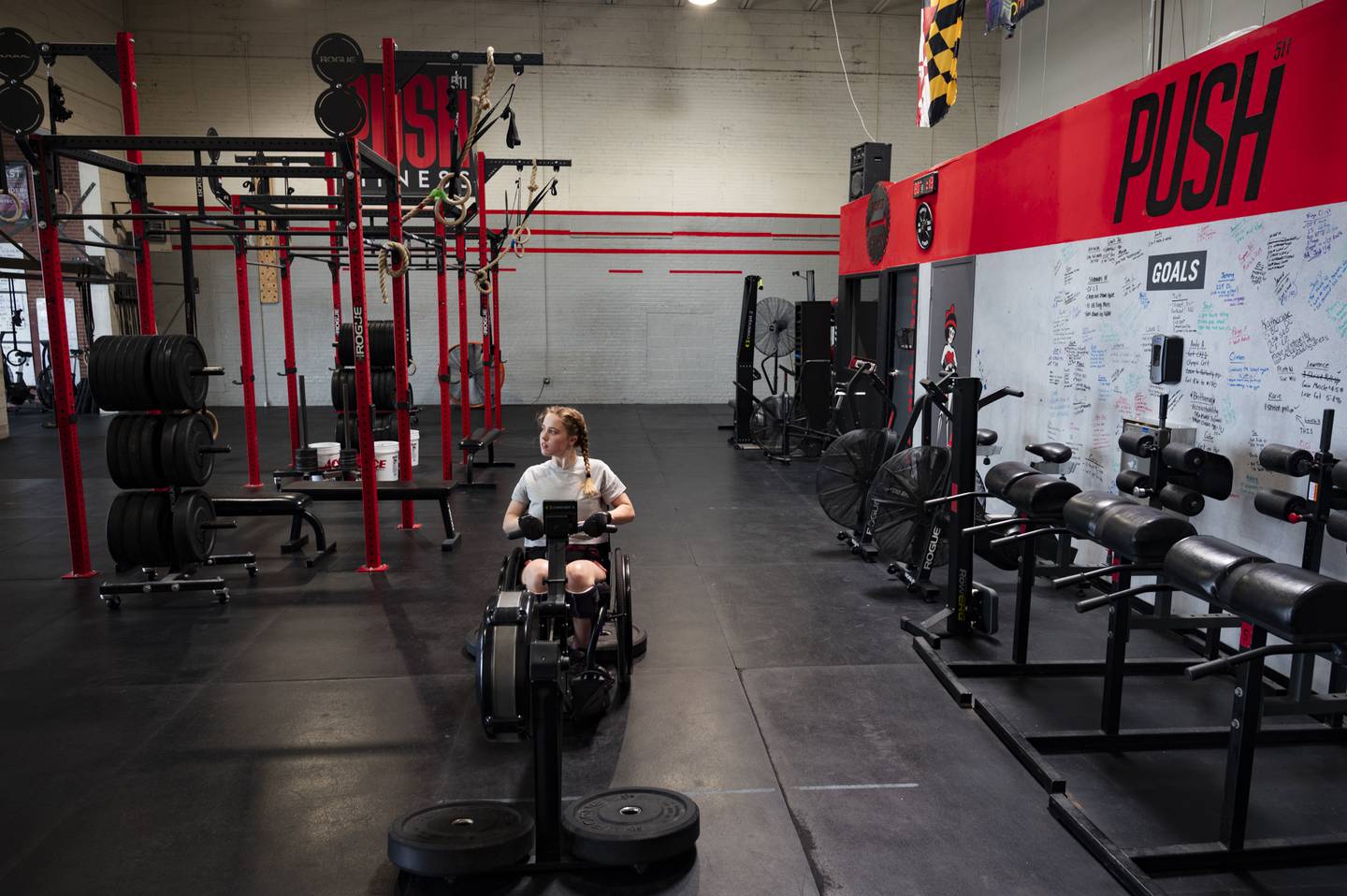 Anneliese Williams, 22, practices rowing at Push 511 in Canton.