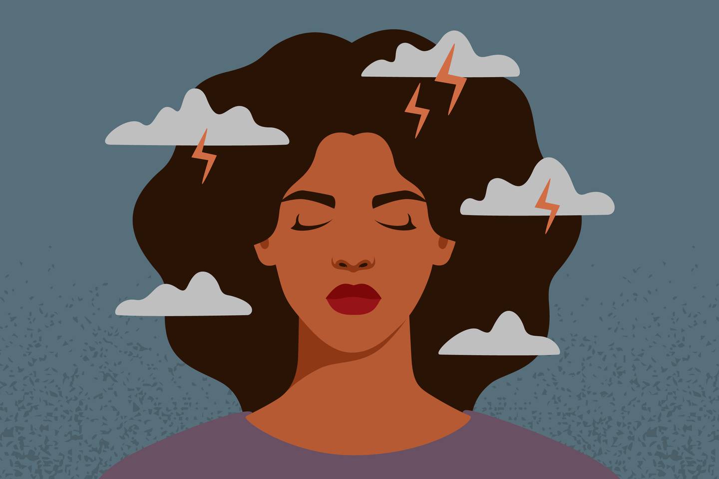 Illustration of a woman surrounded by storms.