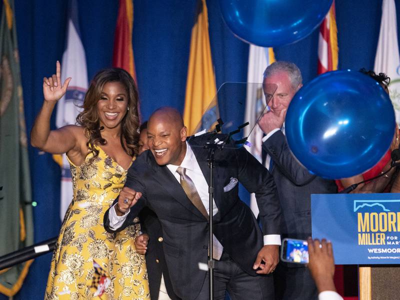 Newly-elected governor Wes Moore celebrates with his wife, Dawn Moore, at Baltimore Marriott Waterfront in Baltimore, Maryland, on Nov. 8, 2022.