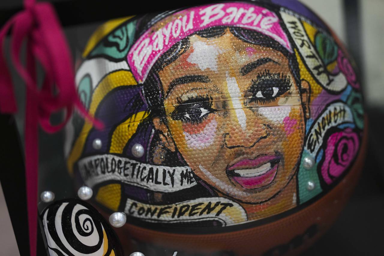 LSU basketball star and Baltimore native Angel Reese hosted a basketball clinic at Saint Frances Academy on July 19, 2023. This Angel Reese hand-painted and personalized basketball was created by Cierra Lynn for Reese.