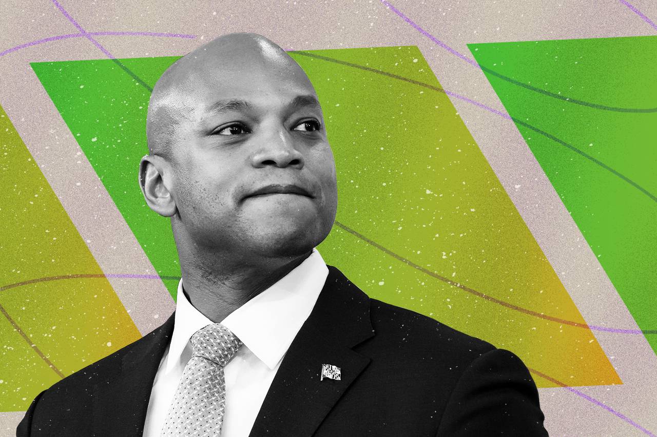 Photo illustration of Wes Moore looking determined.