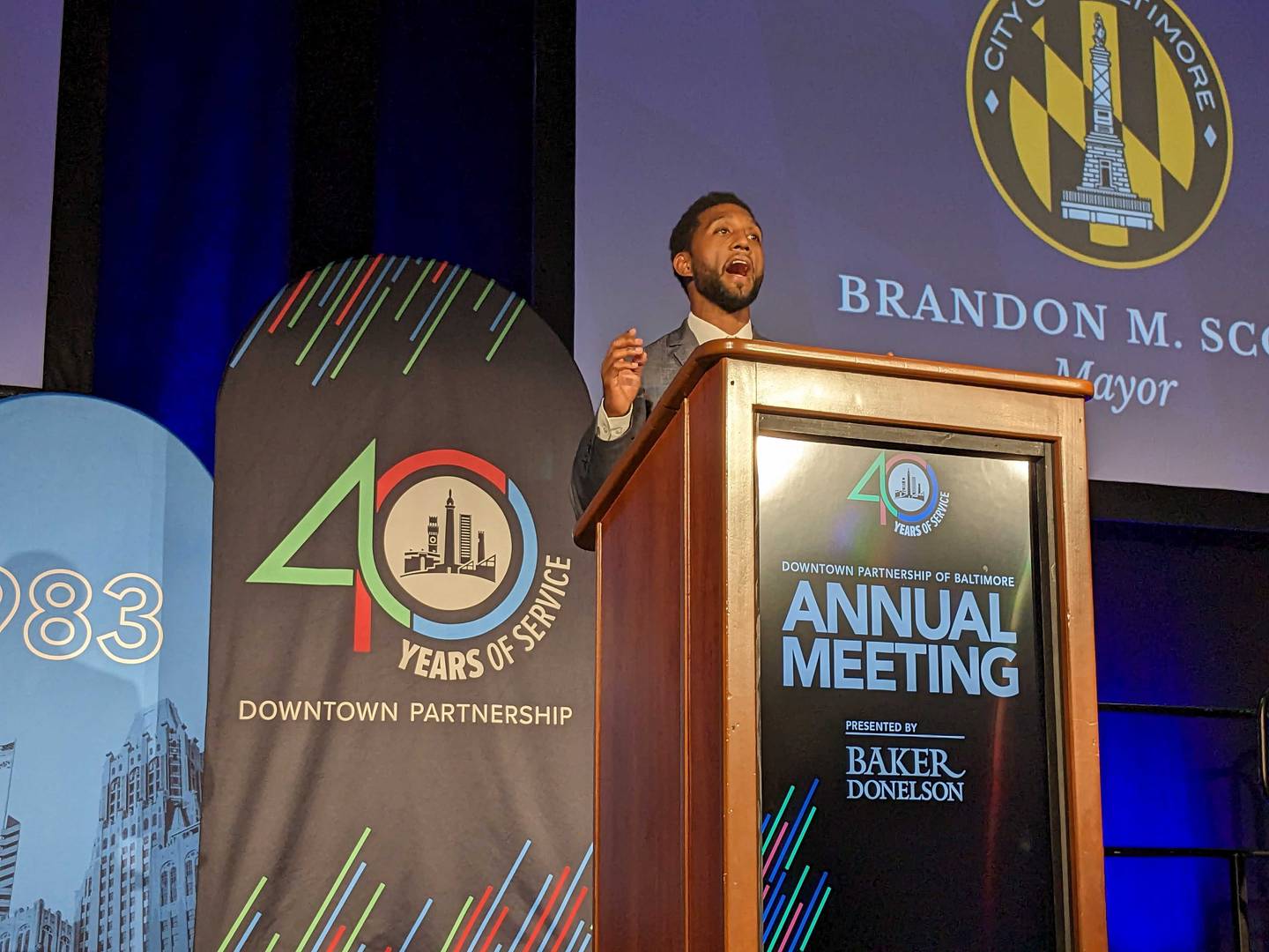 Mayor Brandon Scott speaks at the annual meeting of the Downtown Partnership of Baltimore.