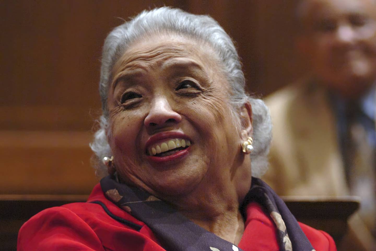 FILE - Cecilia Marshall, widow of Supreme Court Justice Thurgood Marshall, laughs while watching a slide show about her husband during a meeting to rally support for renaming Baltimore-Washington International Airport after Thurgood Marshall, one of the state's most famous native sons and the first Black justice on the U.S. Supreme Court, in Annapolis, Md., March 28, 2005. The Supreme Court says Cecilia "Cissy" Marshall has died. She was 94.