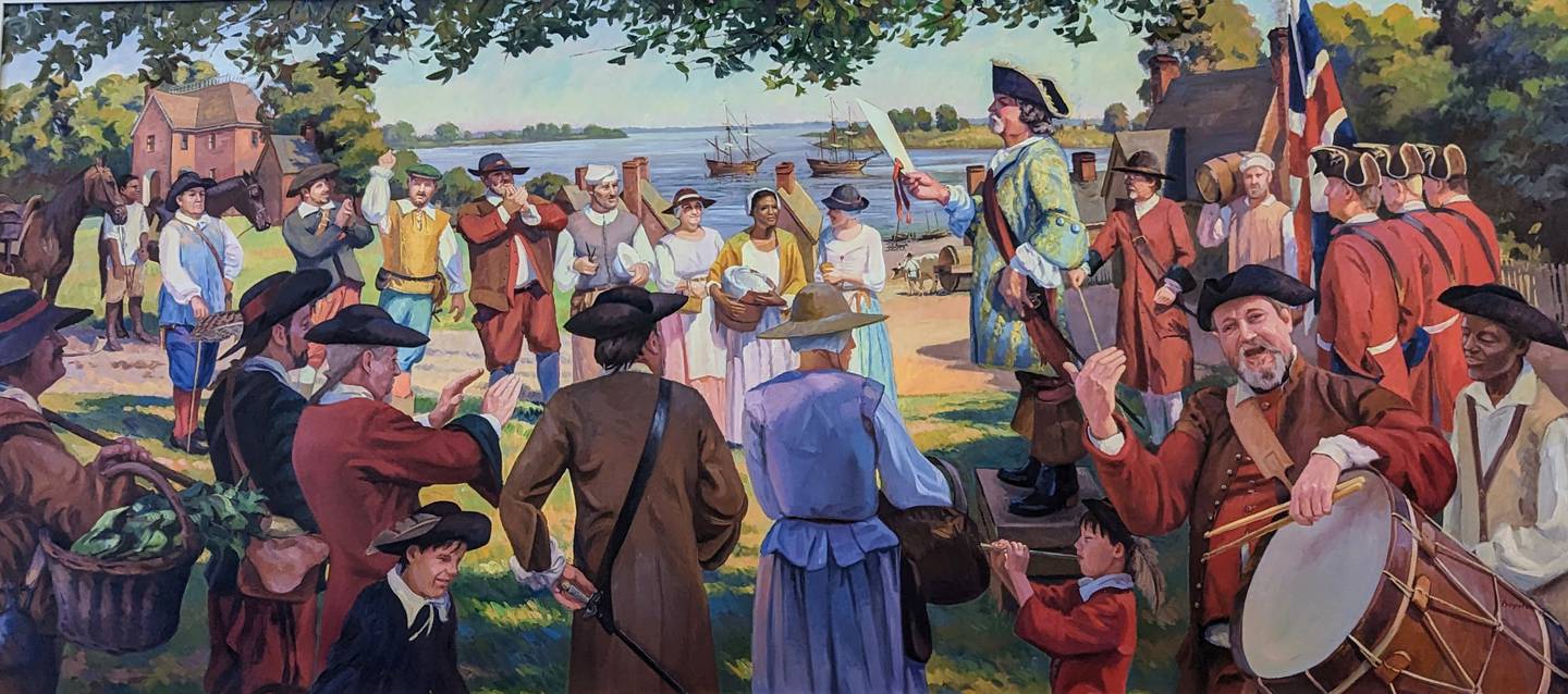 “Proclaiming the Annapolis City Charter: 1708″ is the largest of the three paintings by Lee Boynton in City Council Chambers.