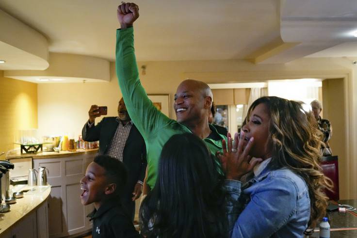 Democrat Wes Moore, his wife Dawn and their children react in Baltimore on Nov. 8, 2022 after Moore was declared the winner of the Maryland gubernatorial race.