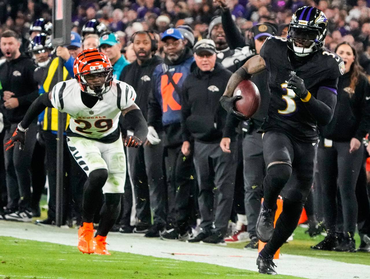 Baltimore Ravens wide receiver Odell Beckham Jr. (3) runs down the field during the second quarter against the Cincinnati Bengals at M&T Bank Stadium on Thursday, Nov. 16, 2023.