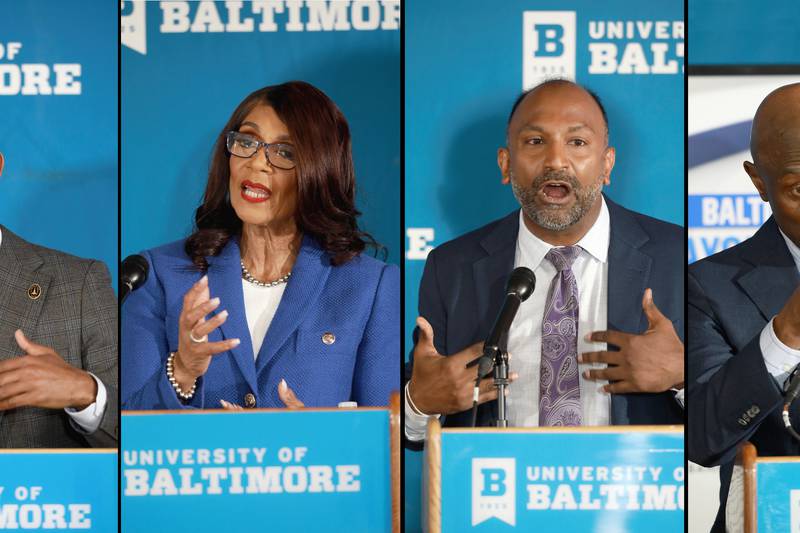 (From left to right) Mayor Brandon Scott, former Mayor Sheila Dixon, attorney Thiru Vignarajah and businessman Bob Wallace participated in the Banner/WJZ/WYPR mayoral debate at the University of Baltimore’s H. Mebane Turner Learning Commons.
