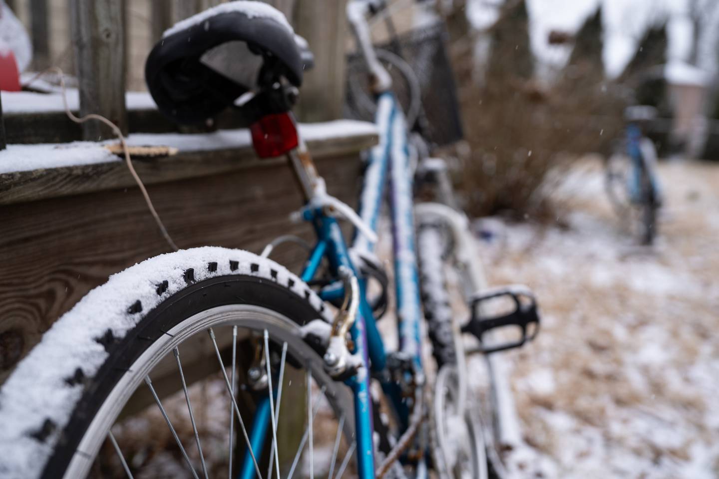 Snow covers a bike in Berwyn Heights, Maryland on January 15, 2024.