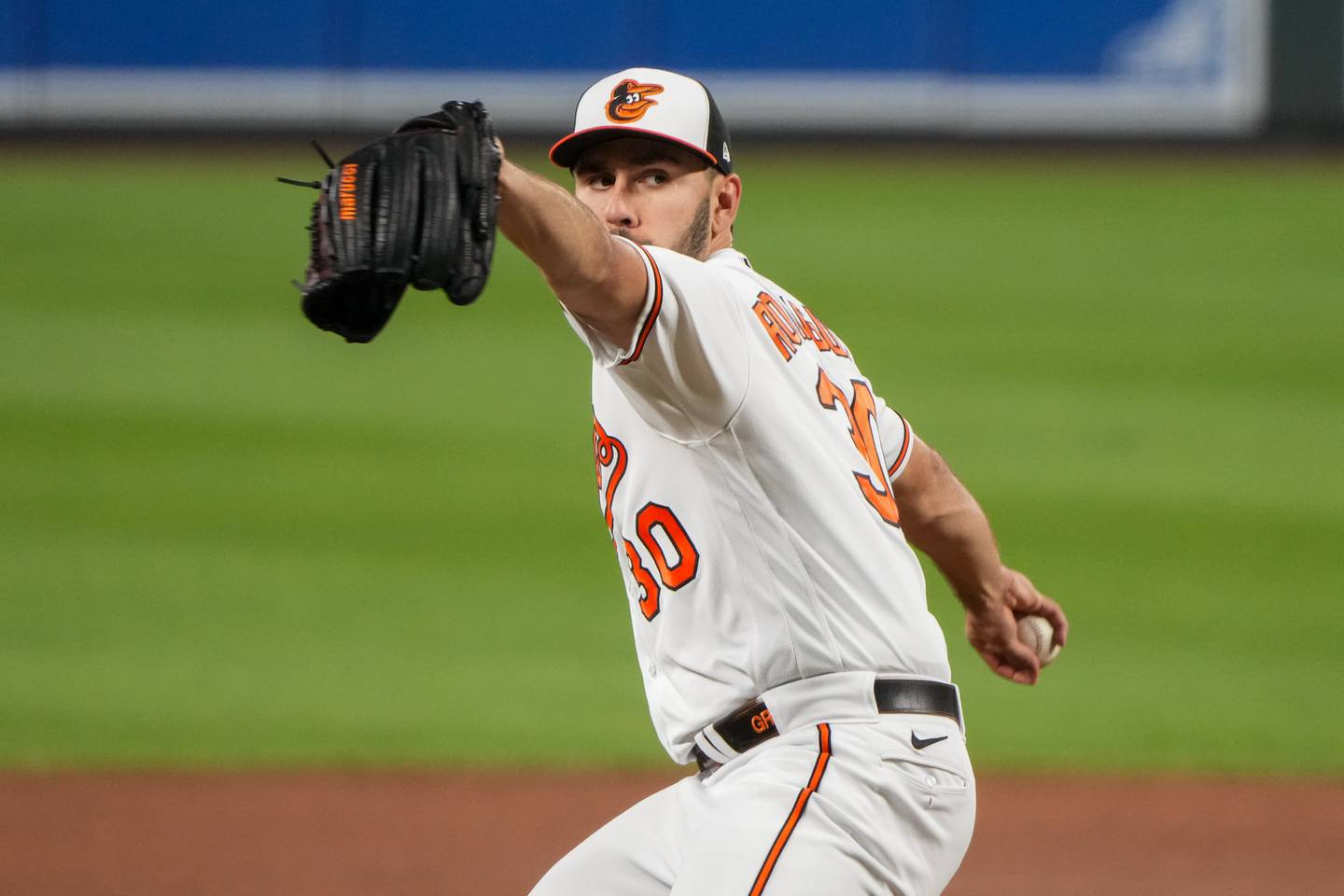 Baltimore Orioles starting pitcher Grayson Rodriguez (30) pitches during a baseball game against the Chicago White Sox at Camden Yards on Monday, August 28.