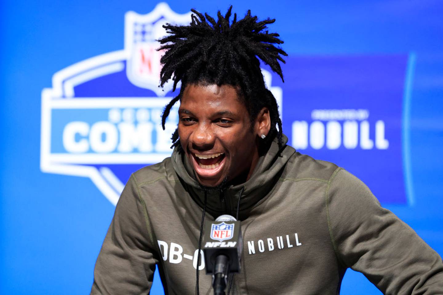 INDIANAPOLIS, INDIANA - MARCH 02: Tae Banks #DB02 of Maryland speaks with the media during the NFL Combine at Lucas Oil Stadium on March 02, 2023 in Indianapolis, Indiana.