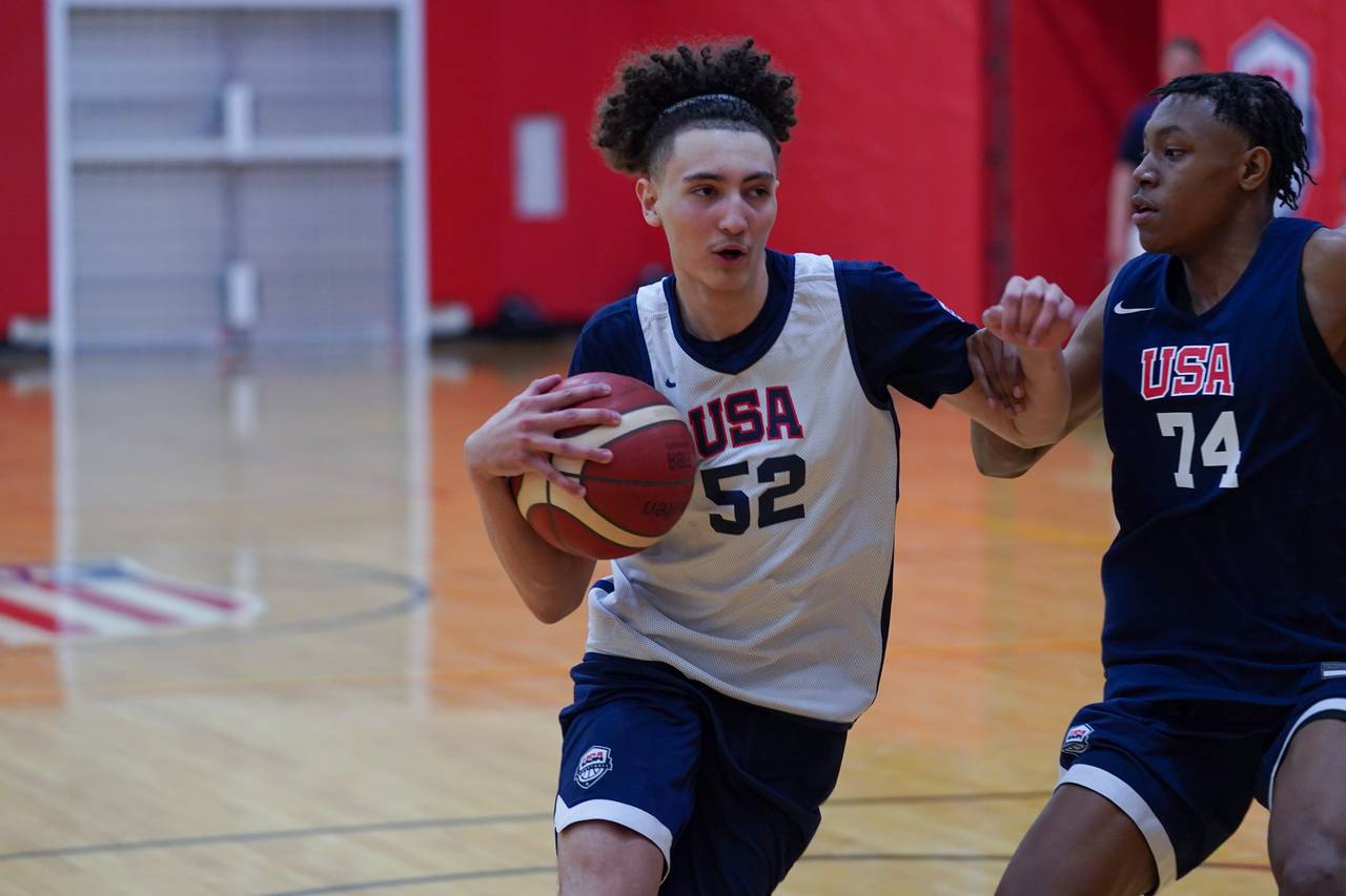 Adam Oumiddoch attacks the paint at the Team USA U16 National Team trials at the Olympic Training Center in Colorado Springs