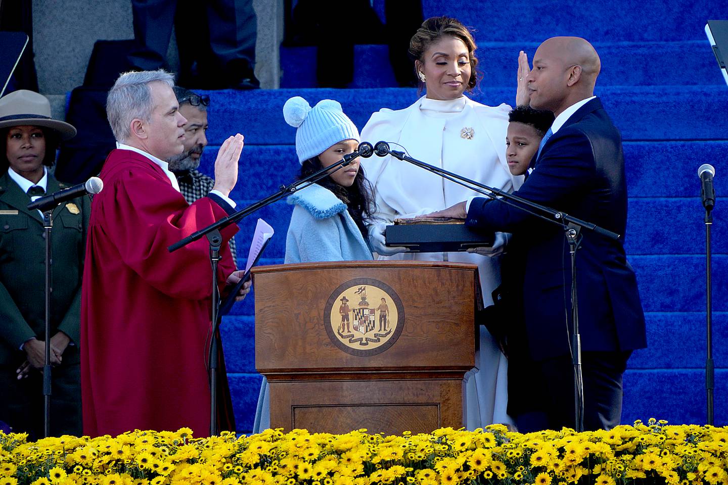 Gov. Wes Moore is sworn into office by Chief Justice Matthew Fader during his inauguration as the first African-American governor for the state of Maryland at the Maryland State House in Annapolis, Wednesday, Jan. 18, 2023. (Kaitlin Newman/The Baltimore Banner)