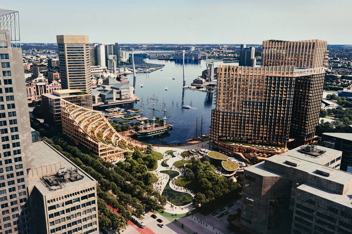 An illustration of design plans for the upcoming Harborplace development is revealed at a press conference held by MCB Real Estate, at the Light Street pavilion on Monday, Oct. 30, 2023.