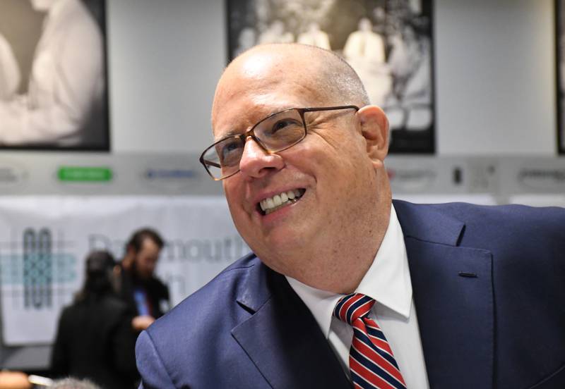 Maryland Gov. Larry Hogan greets audience members before speaking at Politics & Eggs, a political speakers series at St. Anselm College in Manchester, N.H., on Thursday, Oct. 6, 2022. Hogan, a Republican finishing his second term as governor, is weighing a run for president in 2024.