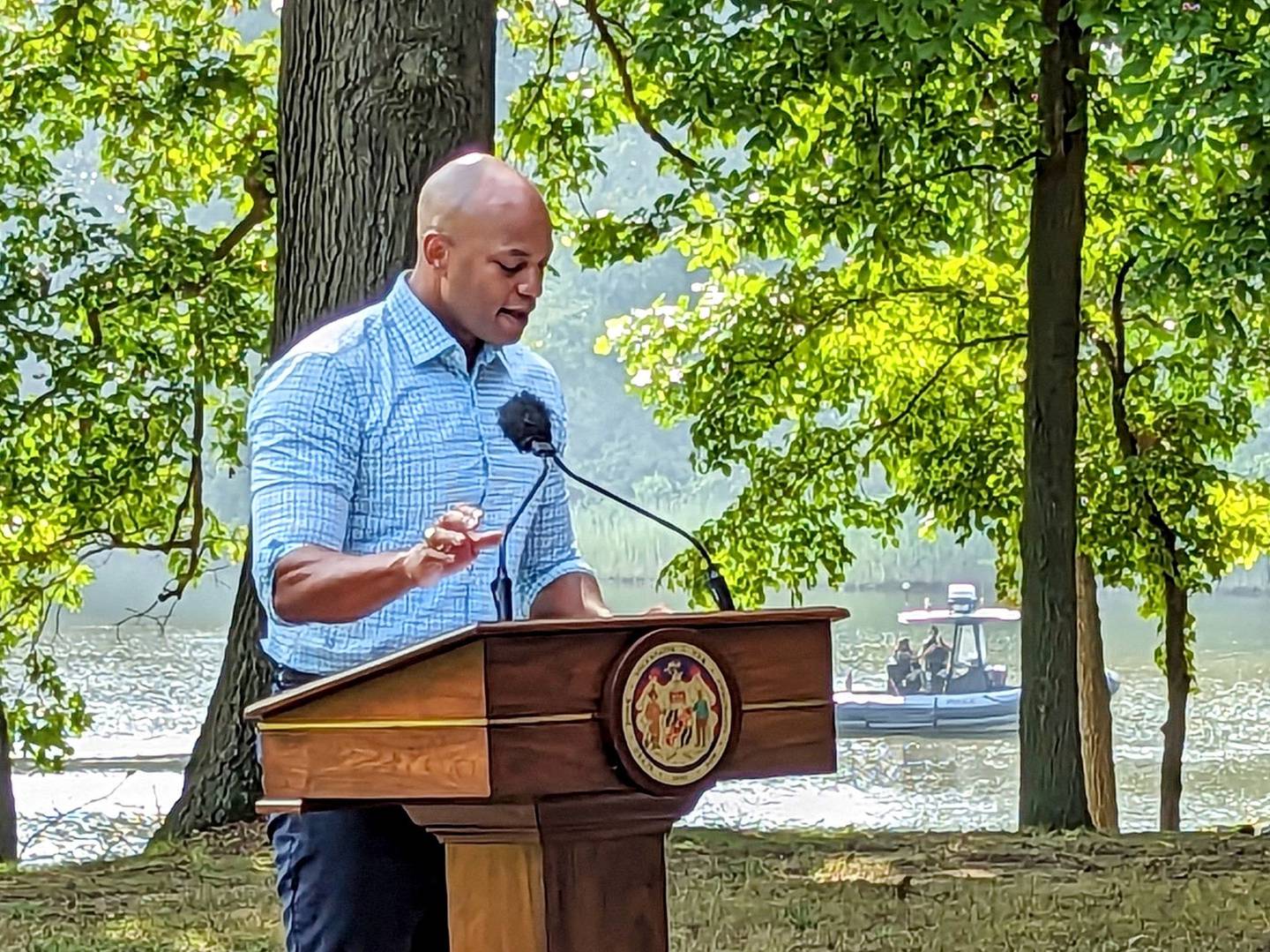 Gov. Wes Moore introduces a new focus for Chesapeake Bay clean-up efforts during an event at the Wye Island Natural Resources Management Area in Queenstown.