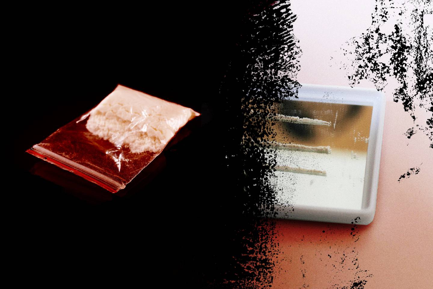 Photo collage of small bag of powder on left, three lines of cocaine on small mirror on right. Black marks spill from left to right.