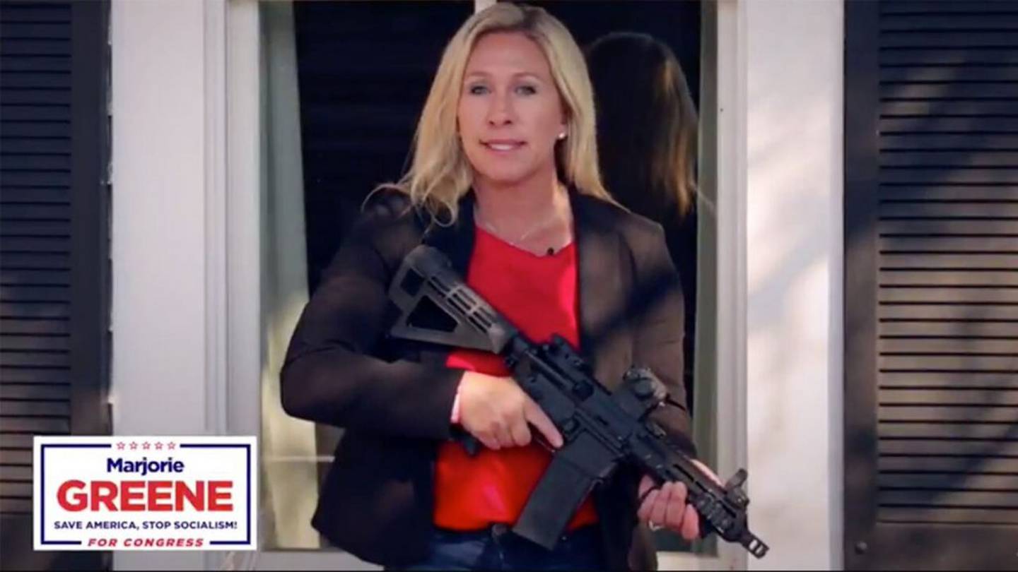 U.S. Rep. Marjorie Taylor Greene's election campaign features pictures of her with a semi-automatic rifle.