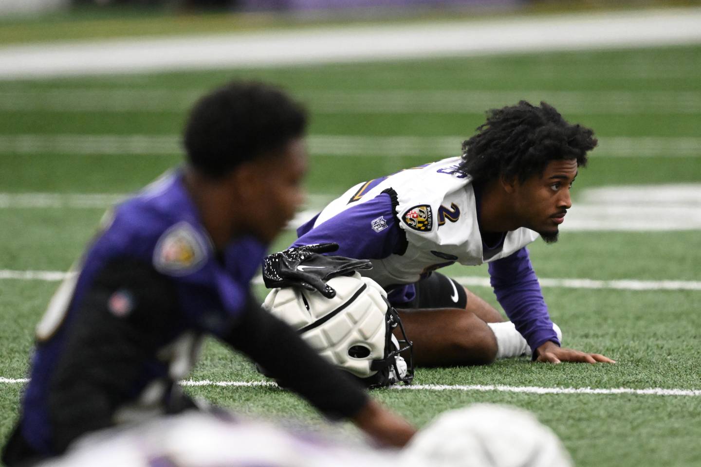 Baltimore Ravens rookie cornerback Nate Wiggins warms up during work out Saturday, May 4 2024 in Owings Mills, Md.