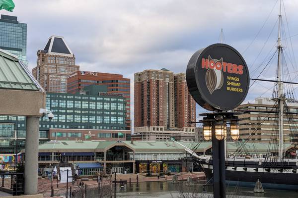 This is a photo of Hooters, which originally came to Harborplace in 1990, and is suing its landlord over deteriorating conditions at the mall-like pavilions.