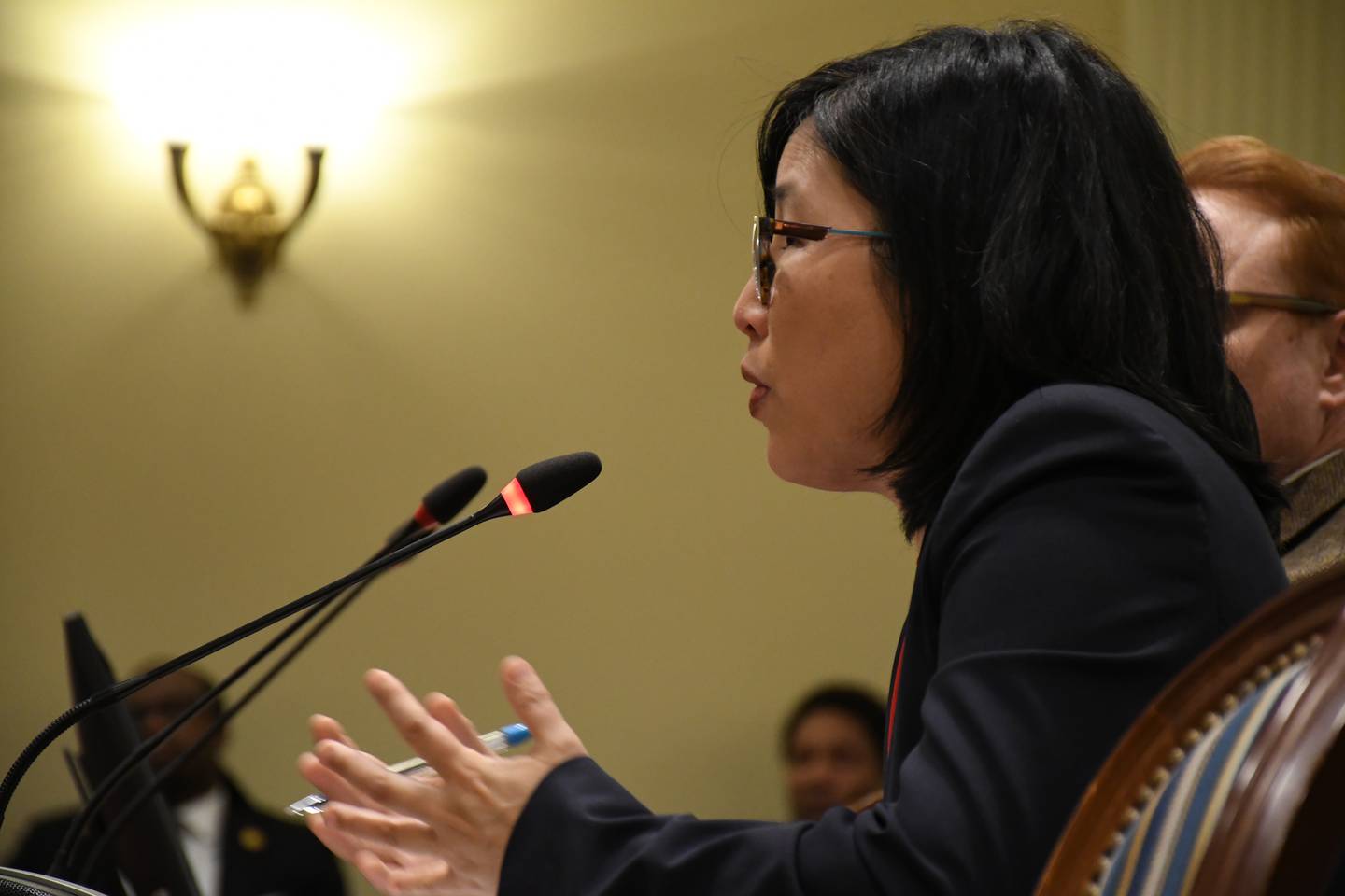 Portia Wu, who Gov. Wes Moore nominated to be secretary of labor, speaks to the Senate Executive Nominations Committee in Annapolis on Monday, Feb. 6, 2023.