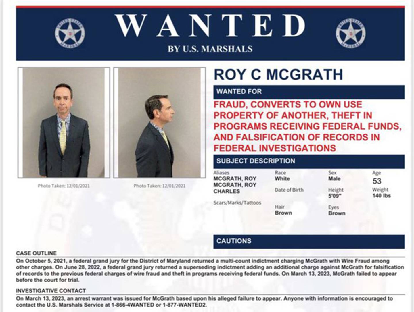 U.S. Marshals WANTED poster for Roy McGrath.