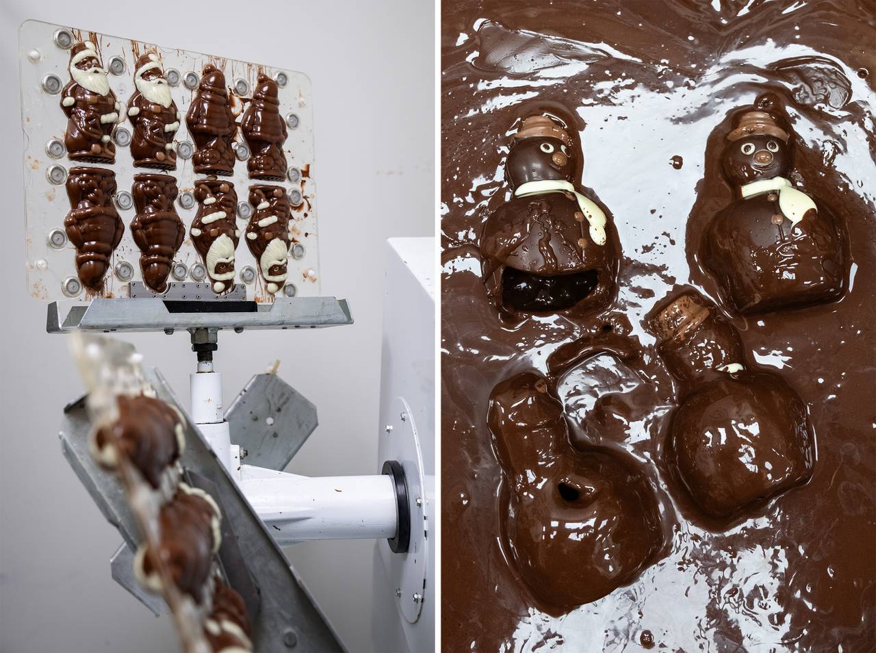 Left: Molds of Santas rotate on a machine that ensures the chocolate, which is hollow, is distributed evenly.
Right: Snowmen that cracked in their molds and weren’t fit to sell melt in a pan.