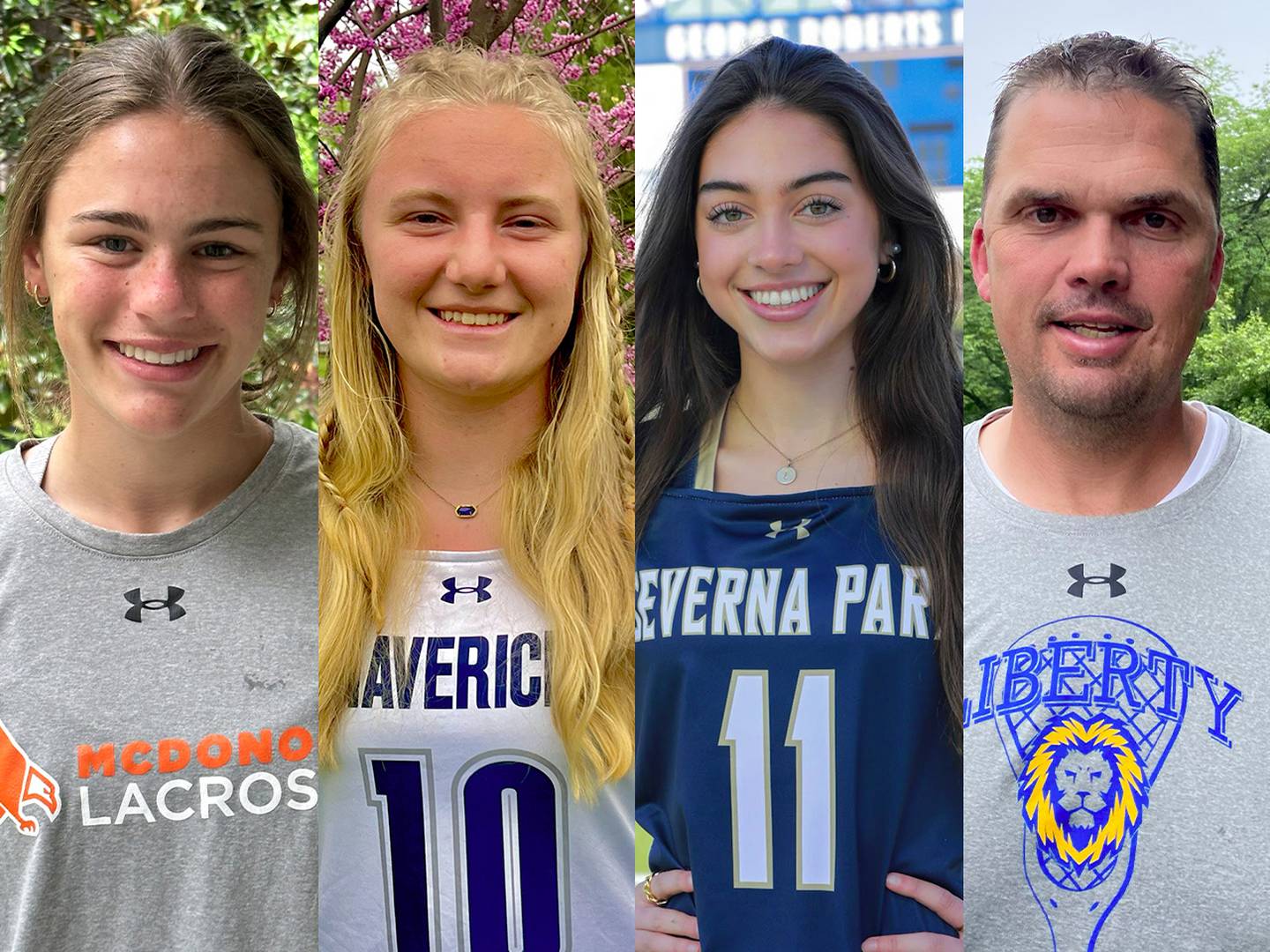 (From left) McDonogh's Kate Levy and Manchester Valley's Emma Penczek, the 2023 Baltimore Banner/VSN Girls Lacrosse Co-Players of the Year, Severna Park's Lilly Spilker, the 2023 Baltimore Banner/VSN Girls Lacrosse Defensive Player of the Year and Liberty's Tom Brandel, the 2023 Baltimore Banner/VSN Girls Lacrosse Coach of the Year.