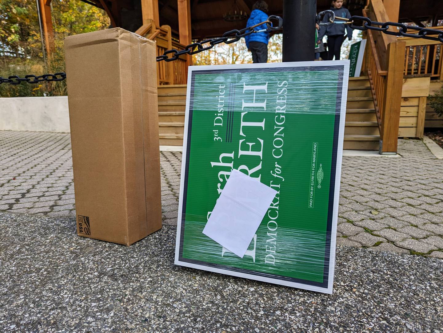 A package of signs for state Sen. Sarah Elfreth's campaign for Congress waiting to be unpacked Saturday before her kickoff announcement in Annapolis.