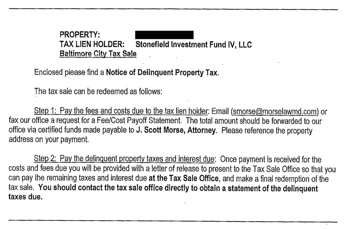 The letter from Stonefield Investments notifying her that it had just bought a lien on her home at the City of Baltimore’s tax sale