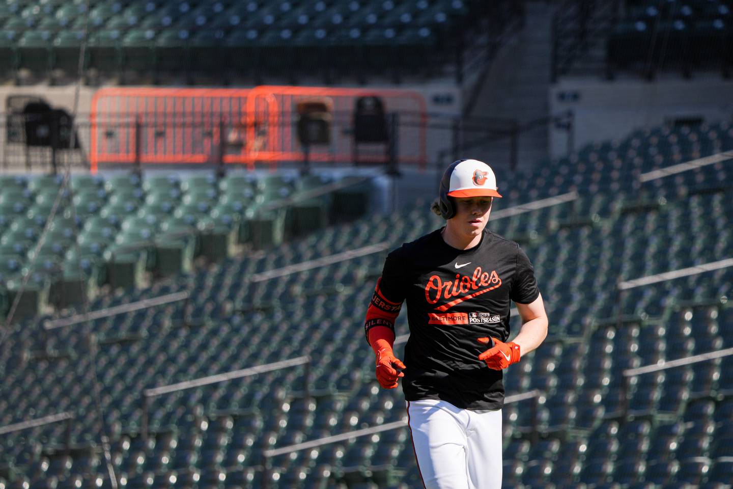 Baltimore Orioles right fielder Heston Kjerstad (13) jogs back to the dugout during a simulated game at Camden Yards on Wednesday, October 4, 2023. The Baltimore Orioles are preparing for their first postseason game in the ALDS against the Texas Rangers on Saturday.