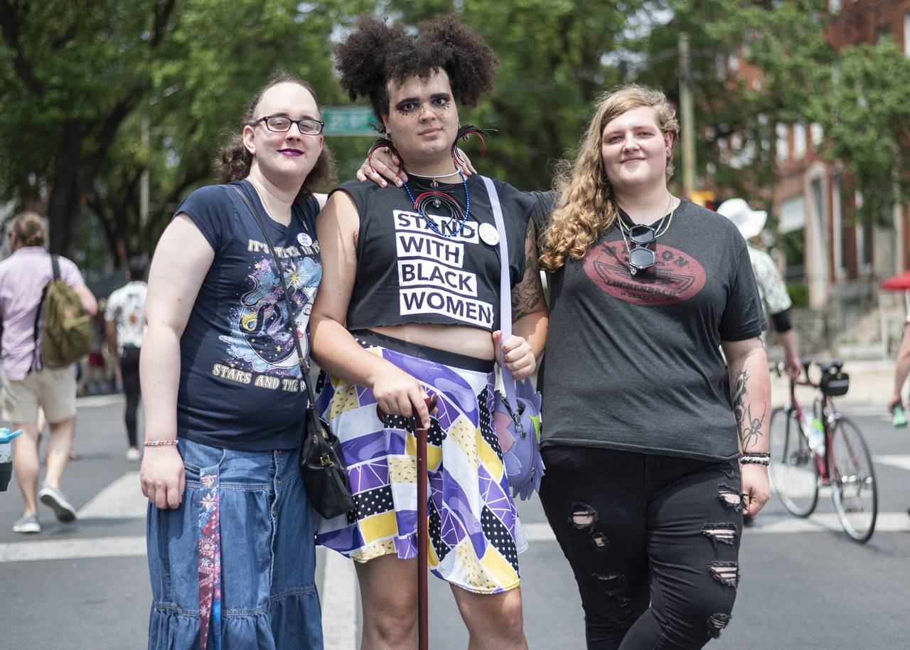 Lena, Tina, and Katie show off their outfits during Trans Pride in Baltimore on June 3, 2023.