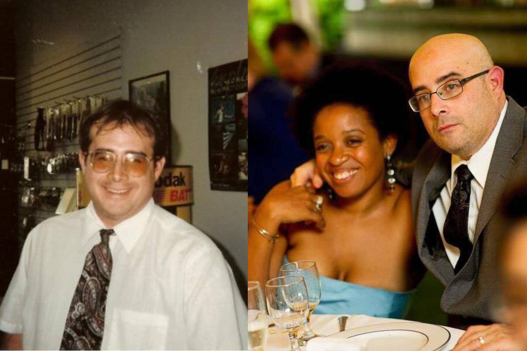 Scott Zervitz, with hair, circa the late 1990s, and in 2012 with wife Leslie Gray Streeter at a wedding in Charlottesville, Virginia.