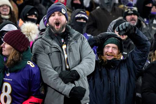 Baltimore Ravens fans cheer from their seats during a playoff game against the Houston Texans at M&T Bank Stadium on January 20, 2024.