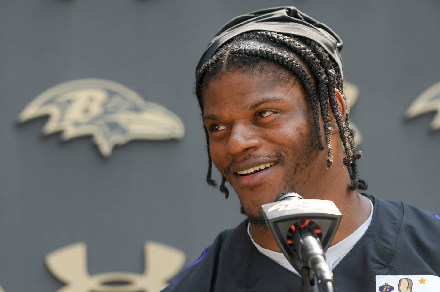 Baltimore Ravens quarterback Lamar Jackson speaks during a news conference after organized team activities Wednesday, May 24, 2023 in Owings Mills.