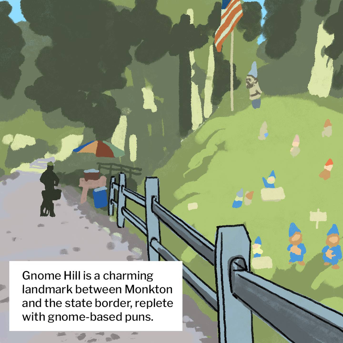 Illustration of grassy hill separated from gravel trail by a wooden fence, with trees, a colorful umbrella and a man's silhouette on a bike in the background. The hill is dotted with small gnome statues, with a tall gnome and an American flag on the top.