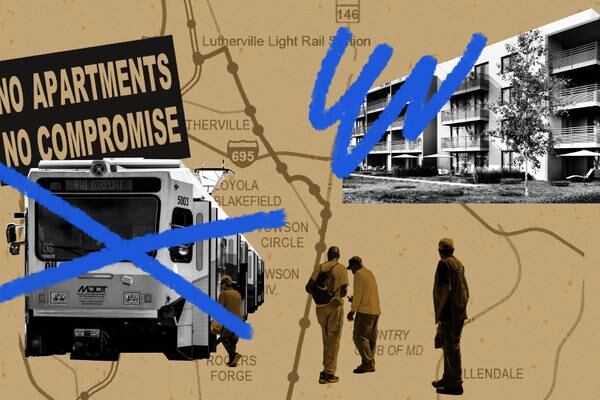 Photo collage showing crossed-out light rail train and new apartment building, plus sign protesting new apartments, with a map of proposed bus rapid transit line to Lutherville in the background.