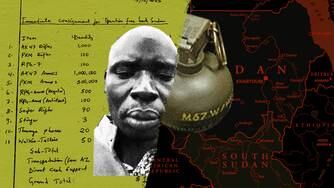 Photo collage shows handwritten list of weapons for “Operation Free South Sudan,” dated December 13, 2023, on left, with partial photograph of Peter Ajak. On right is an inverted map of Sudan and South Sudan with a photo of a grenade in front of it.