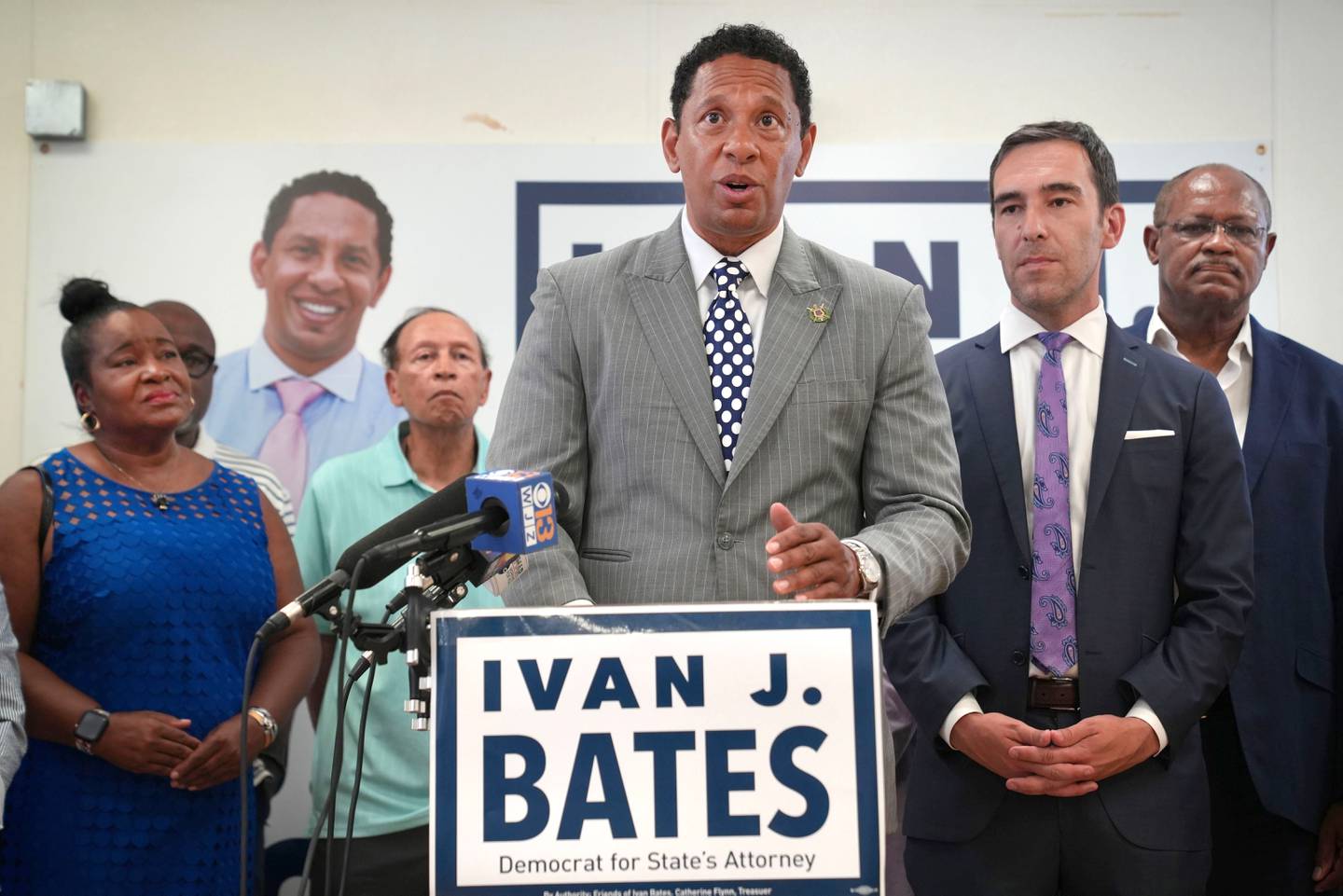 Democratic nominee for Baltimore City State’s Attorney Ivan Bates holds his first press conference since winning his primary election. Friends, family and supporters stood by his side during the presser inside his campaign headquarters in Baltimore on July 25.   Baltimore City Council member Zeke Cohen on the right, who endorsed him in the race.