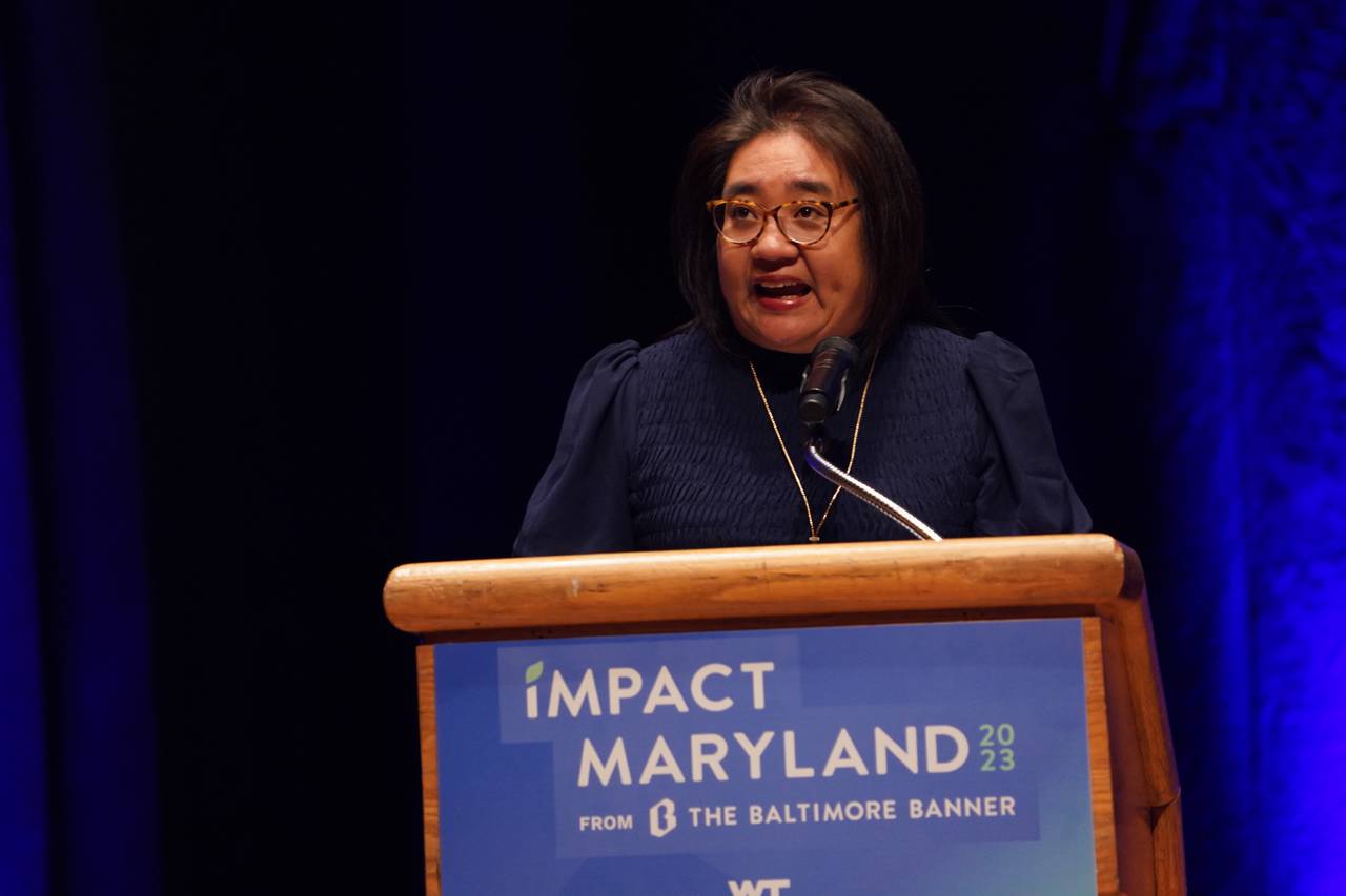 Kimi Yoshino, Editor in Chief of The Baltimore Banner, gives opening remarks at iMPACT Maryland, a thought-leadership conference hosted by The Banner on Tuesday, Oct.10, 2023, in Baltimore.