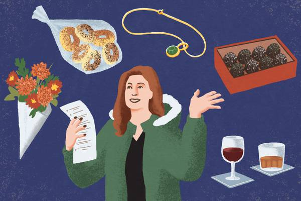 Illustration of woman with list in hand, she is surrounded by a flower bouquet, a bag of bagels, a necklace, a box of chocolates, and two drinks.
