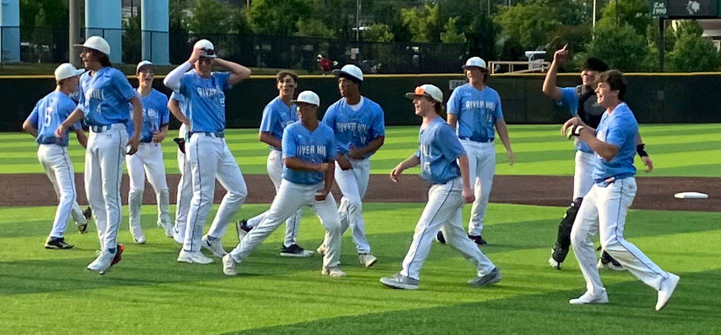 River Hill's baseball team celebrate after its victory over Stephen Decatur in a Class 3A state semifinal Tuesday at Joe Cannon Stadium. The No. 3 Hawks reached their first state final since 2009 with a 5-3 victory over the Worchester County school.