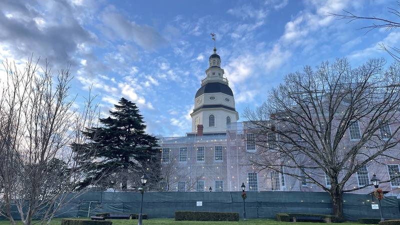 The Maryland State House is encircled by construction scaffolding for an ongoing renovation project, as lawmakers returned to Annapolis for the first day of their 90-day General Assembly session on Wednesday, Jan. 10, 2024.