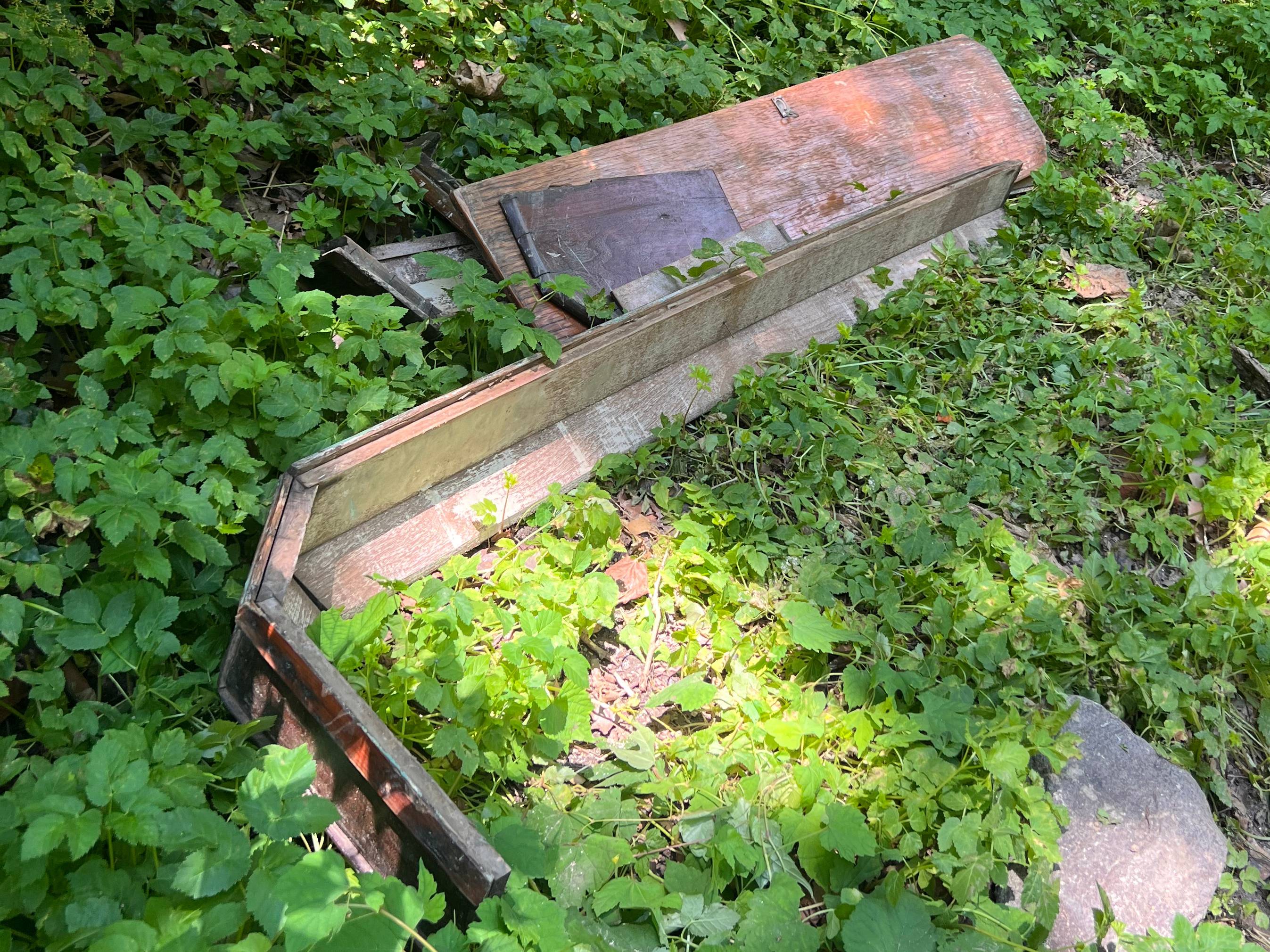 The lid of an old casket sits on sun-dappled green space on the banks of a creek in a public park.